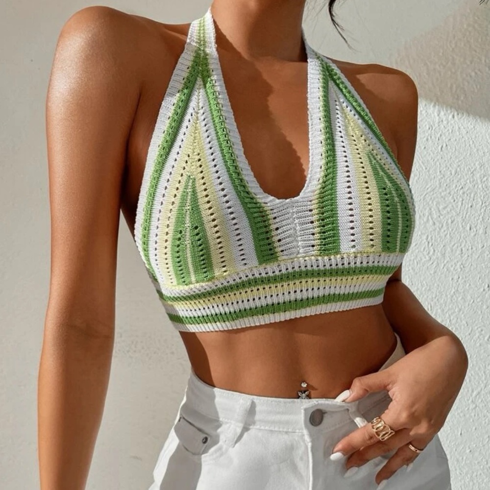 Cute green and yellow knitted halter crop top L